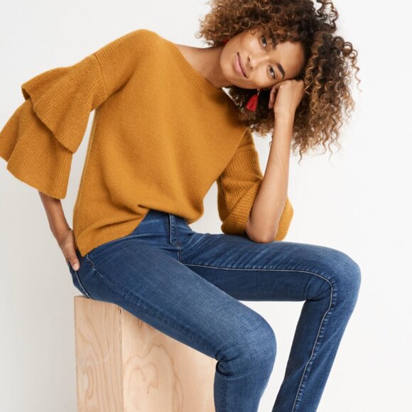 Madewell Mustard Tier Sleeve Boat Neck Pullover Sweater Size Medium - Picture 1 of 10